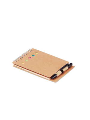 A photo of a bamboo notepad with small pen.