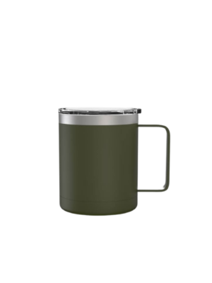 Green insulated mug with clear cover.