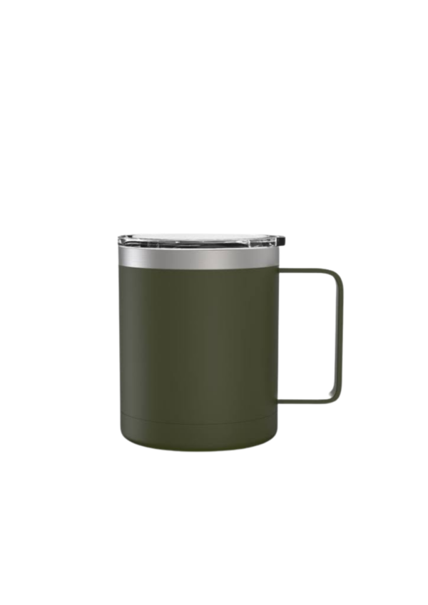 Green insulated mug with clear cover.