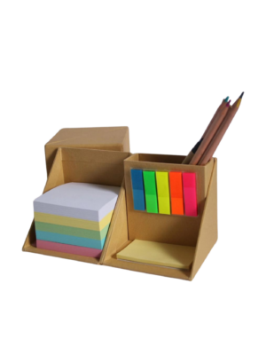 A photo of cube notepad with sticky notes and pencils