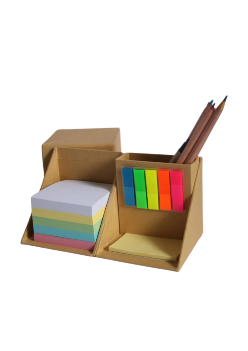 A photo of cube notepad with sticky notes and pencils