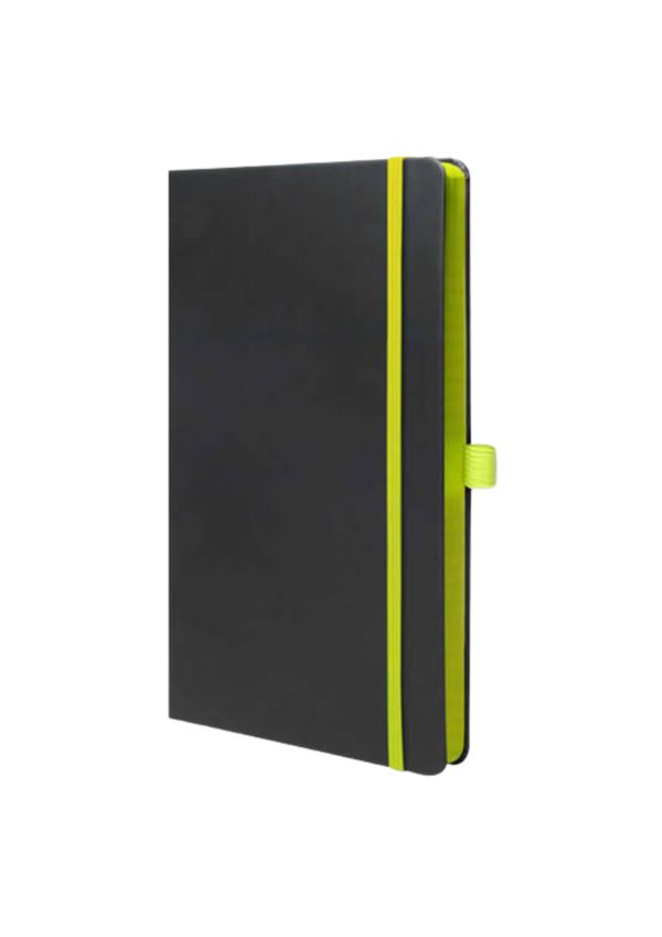 Black notebook with green paper edge.