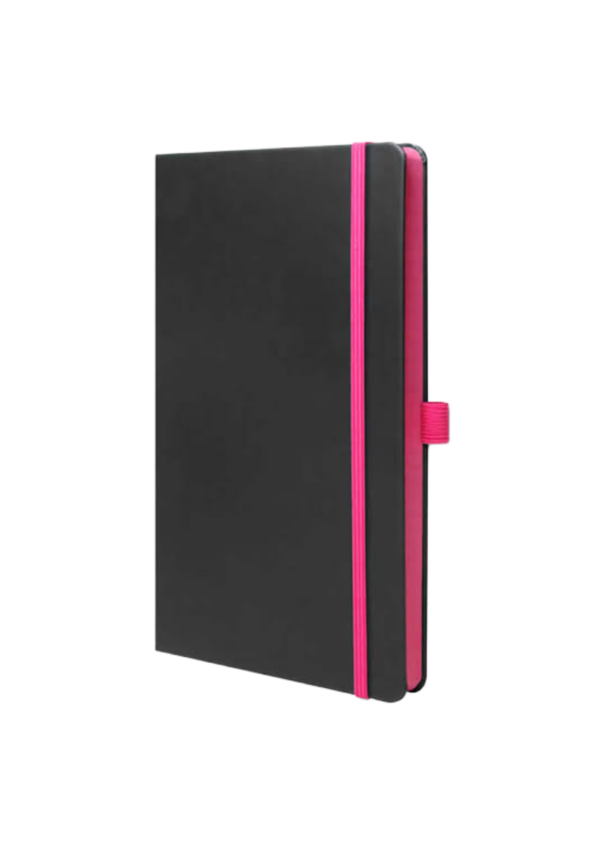 Black note book with color pink paper edge.