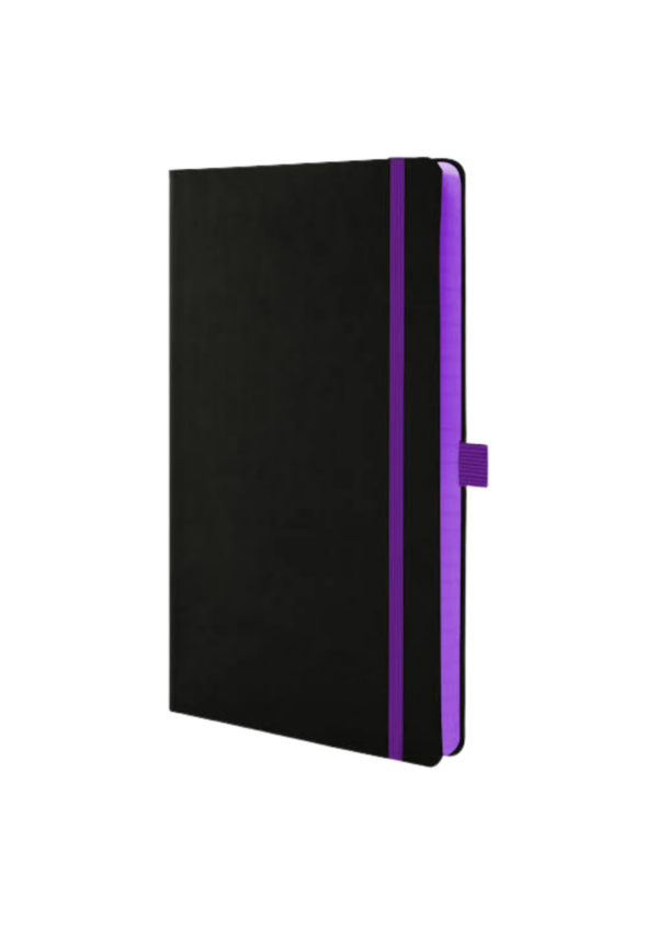 Black notebook with violet paper edge.