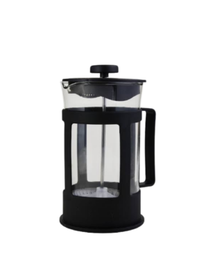 A photo of a plastic coffee press in black color.