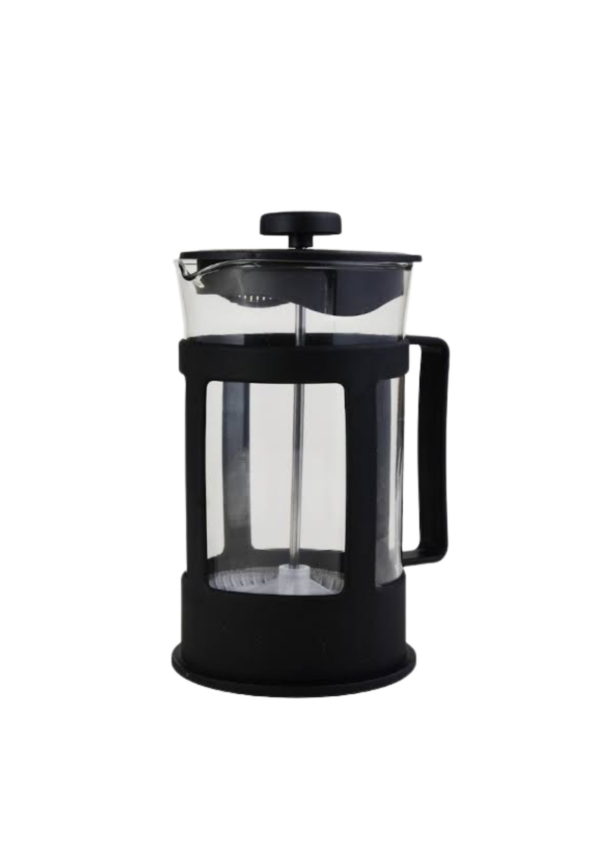 A photo of a plastic coffee press in black color.