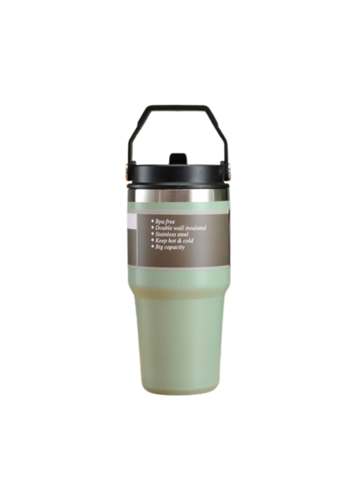 A photo of a green water bottle stainless steel.