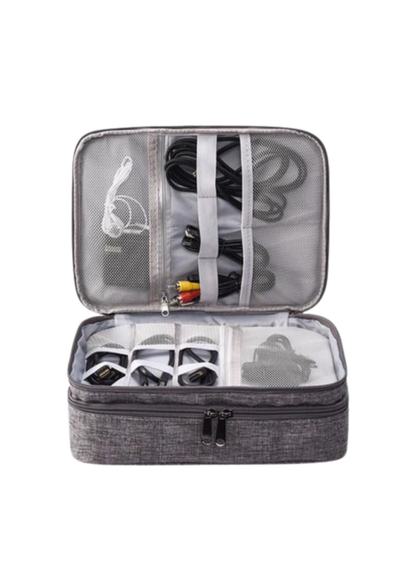 A photo of an opened gray travel portable organizer bag.