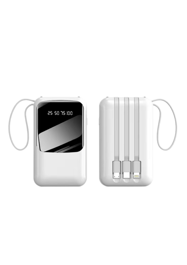 A white digital screen mini power bank with built in cables.