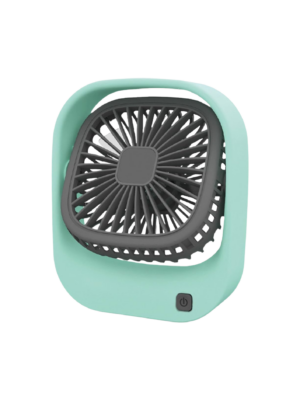 A mini desk fan in aqua marine color.