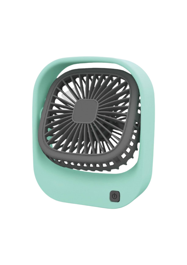 A mini desk fan in aqua marine color.