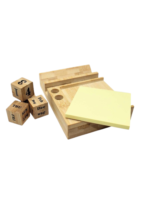 Perpetual wooden calendar with yellow sticky notes.