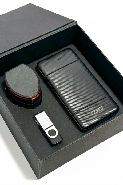 Untitled design (7) Universal travel adaptor, flash drive and `Bisen power bank in a rigid box.