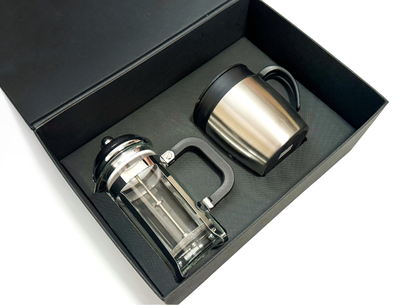 Untitled design (8) Coffee press and insulated mug in a rigid box.