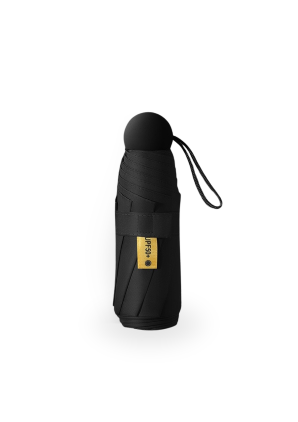 A photo of a UV protection foldable umbrella in black color.