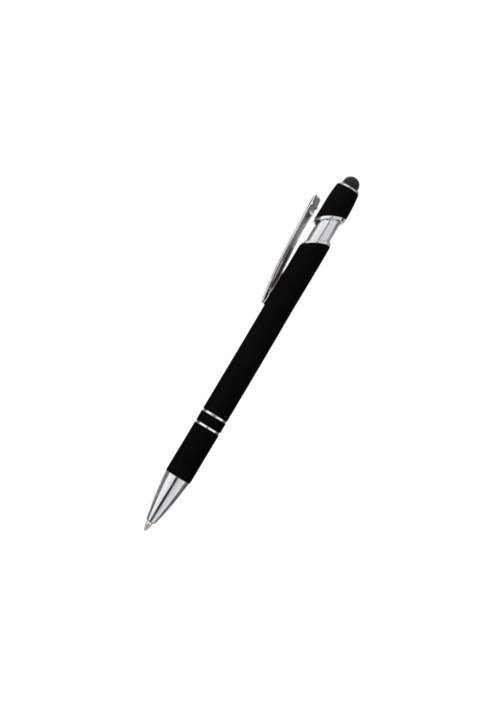 A photo of a black stylus metal pen with silver chrome accents.
