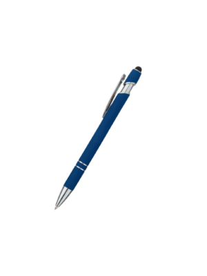 Stylus metal pen in color blue with silver chrome accents.