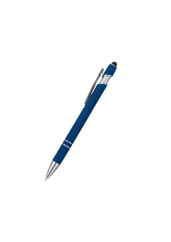 Stylus metal pen in color blue with silver chrome accents.