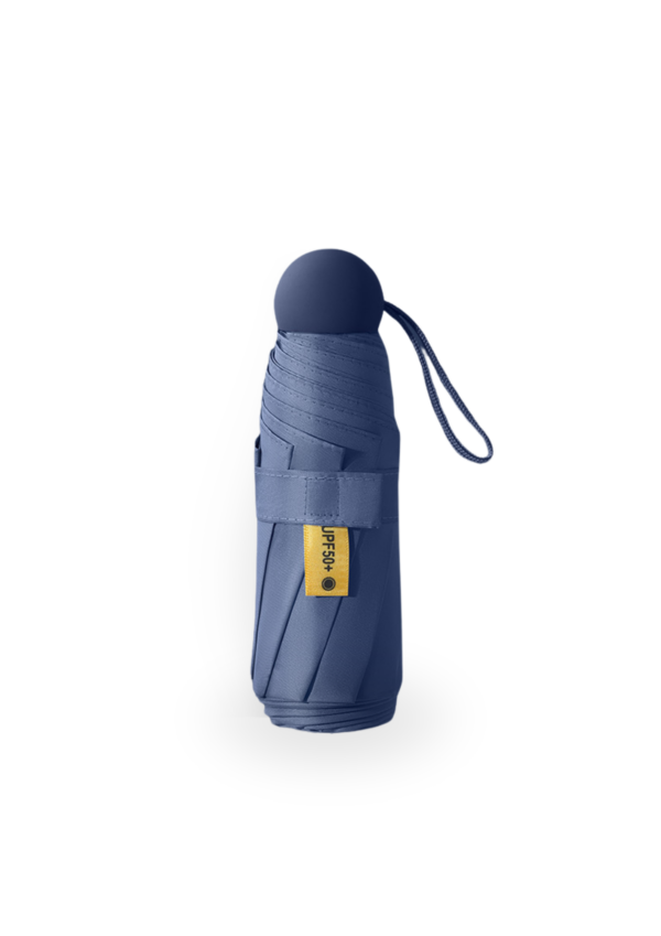 A photo of a UV protection foldable umbrella in blue color.