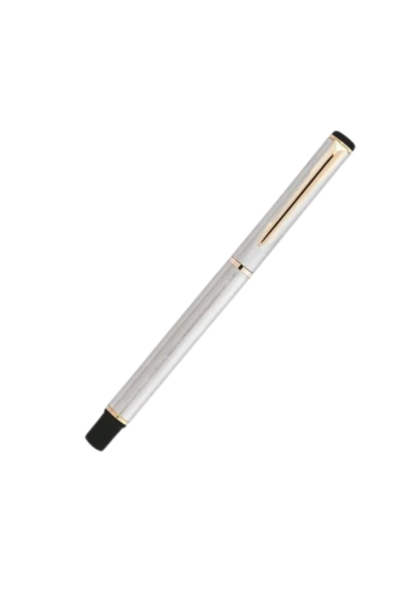 A photo of silver metal pen with gold chrome accents.