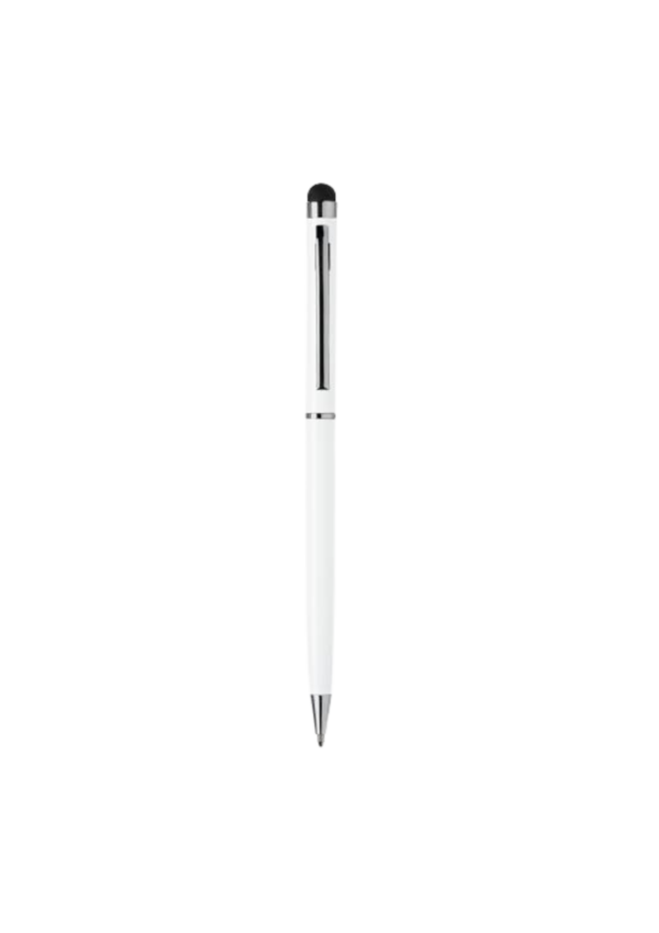 A photo of a plastic slim pen with stylus in white color.