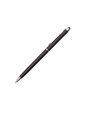 A photo of a black plastic slim pen with stylus.