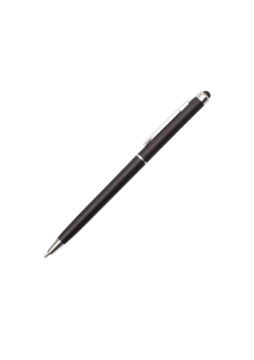 A photo of a black plastic slim pen with stylus.