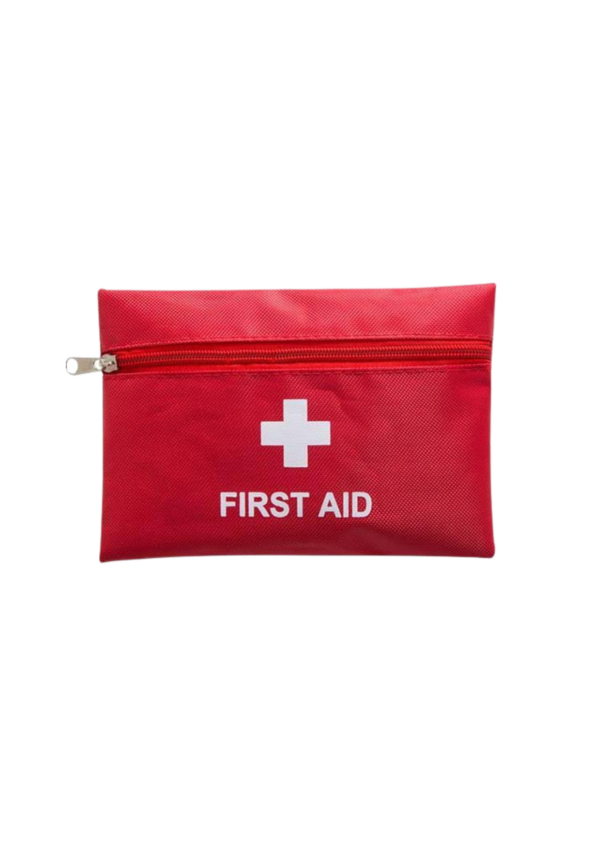 A photo of a red first aid kit pouch.
