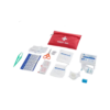 Red first aid kit pouch with its contents; safety pins, scissor, tweezer, medical tape, triangular bandage, alcohol pads, band aids, rubber bandage and bandage.