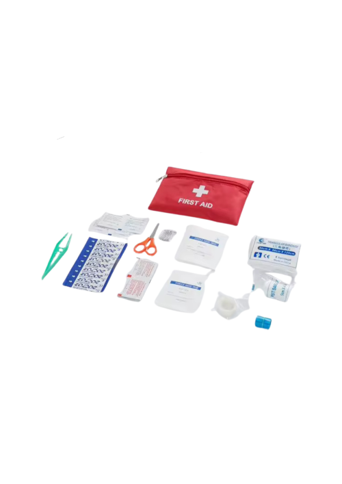 Red first aid kit pouch with its contents; safety pins, scissor, tweezer, medical tape, triangular bandage, alcohol pads, band aids, rubber bandage and bandage.