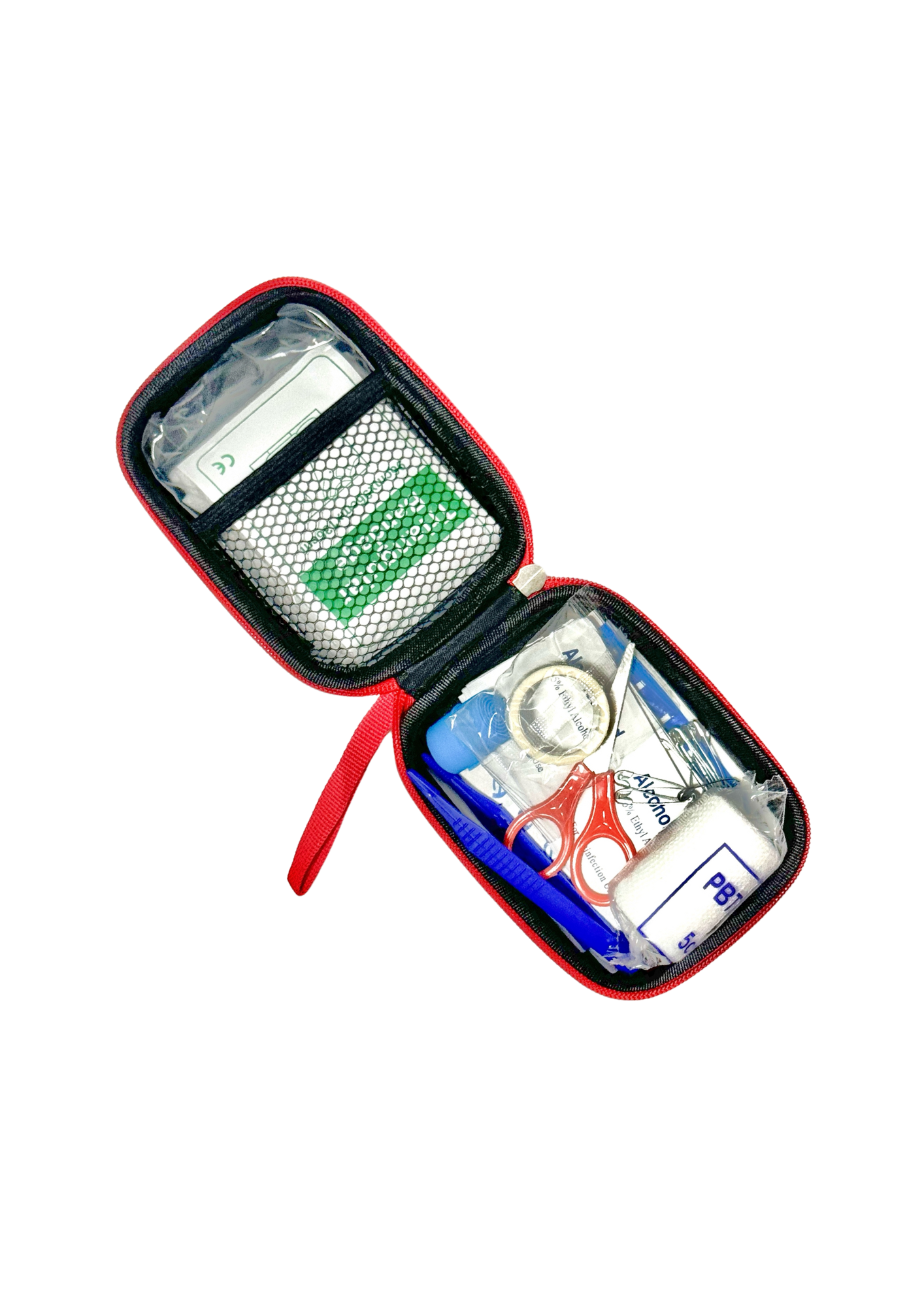 PREMIO PRODUCTS - 235 A photo of an opened first aid kit with its contents; safety pins, scissor, tweezer, medical tape, triangular bandage, prep pads, band aids, rubber bandage, bandage and sterile gauze.