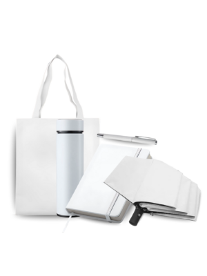 A-set-of-white-eco-bag-tumbler-pen-notebook-and-umbrella