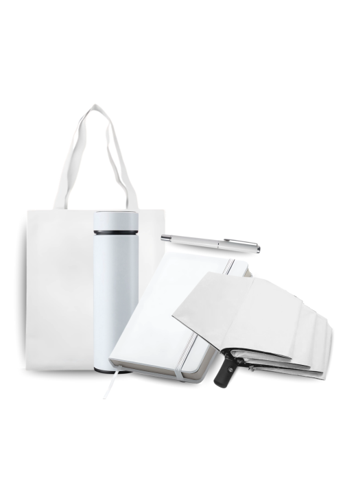 A-set-of-white-eco-bag-tumbler-pen-notebook-and-umbrella
